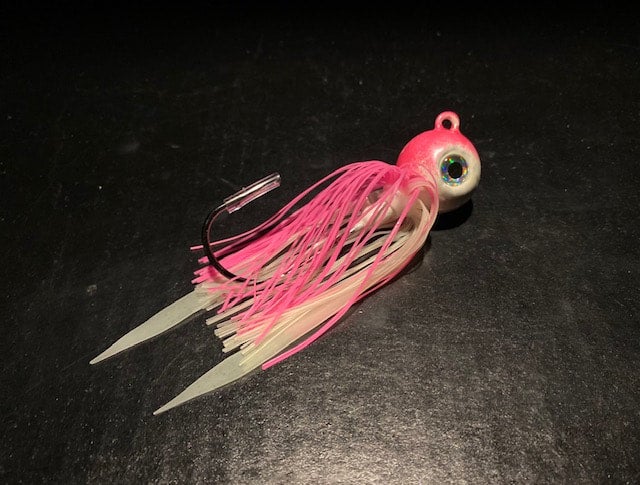 Fluke Flounder Gulp Ball Jigs In Pink Shine, Pearl Pink & Glow White with  Mustad Black Nickel Hooks.