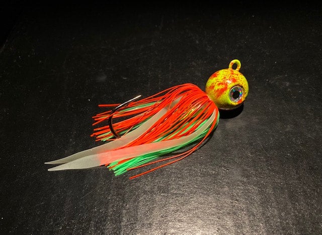 Fluke Flounder Gulp Ball Jigs In Glow Chart Green & Red with Mustad Fluke Flounder Gulp Ball Jigs In Glow Chart Green & Red with Mustad