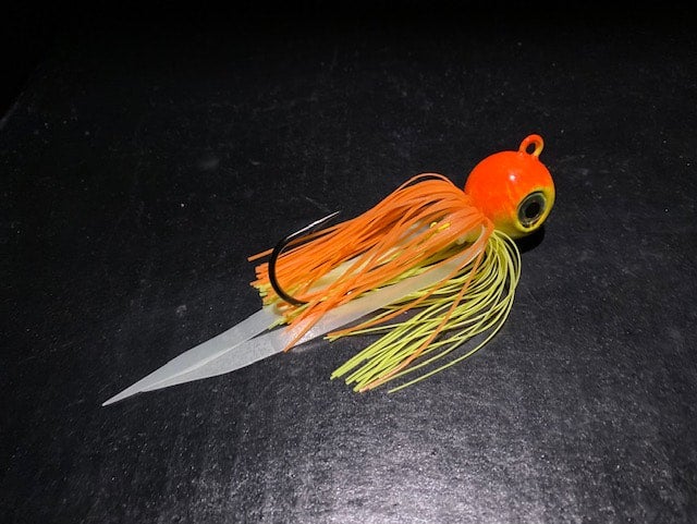 Fluke Flounder Gulp Ball Jigs In Glow Chart Yellow & Blaze Orange with  Mustad Black Nickel Hooks.